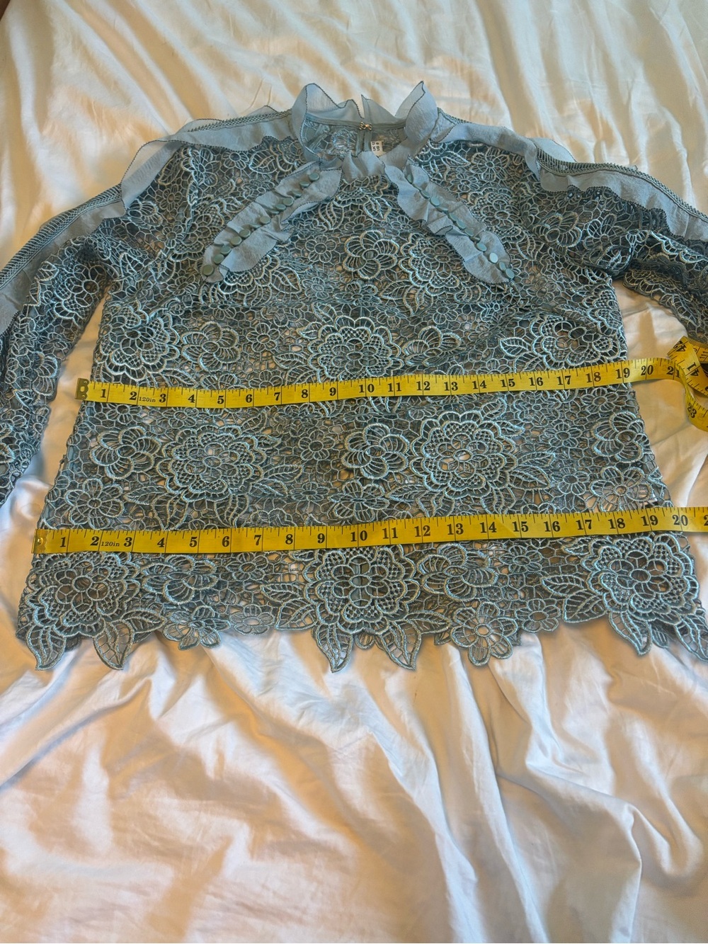 VGUC Self-Portrait Pale Blue Floral Lace Blouse with Organza Ruffles US 8/10 - Picture 8 of 13